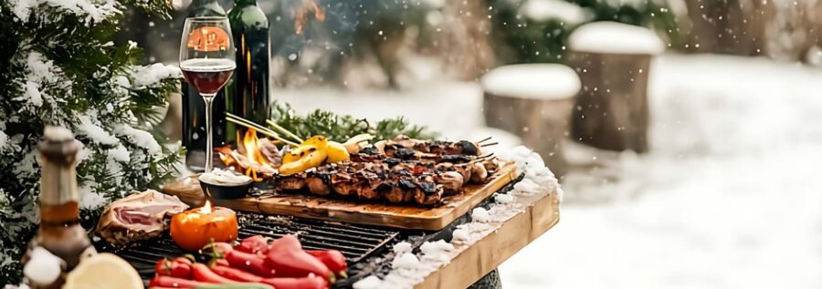 Barbecue all'aperto acceso sulla neve con spiedini, verdure e bicchiere di vino per una grigliata invernale.