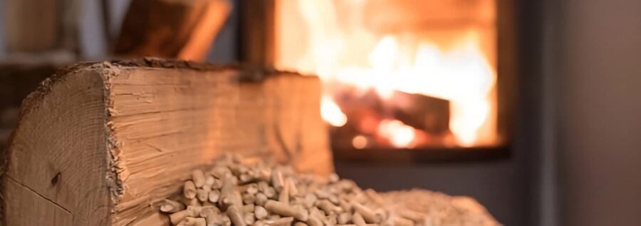 Tronchi di legna e pellet di legno in primo piano con fiamma di stufa accesa sullo sfondo, ideali per scegliere la stufa per la casa.