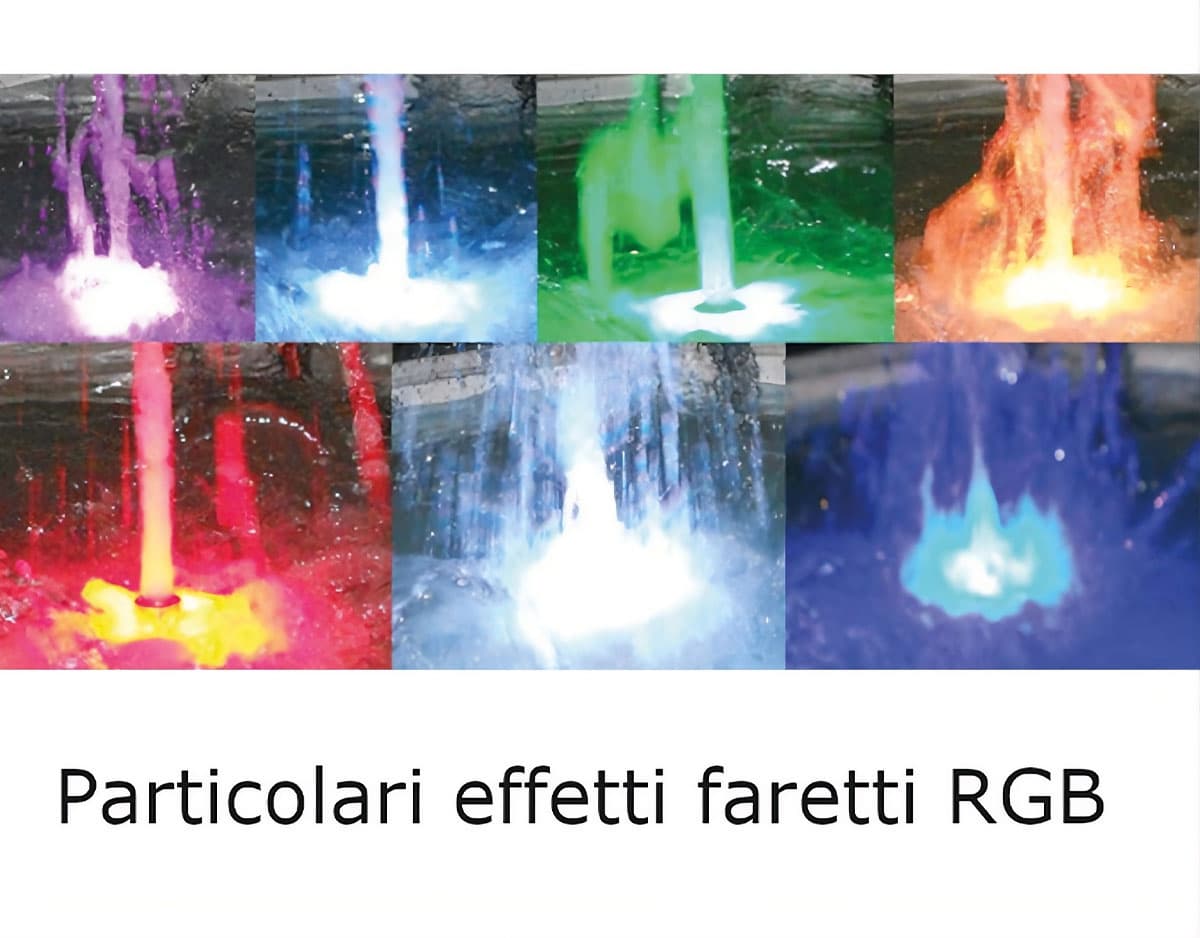 Collage di immagini che mostrano diversi effetti di luce LED RGB colorata su zampilli d'acqua di una fontana.