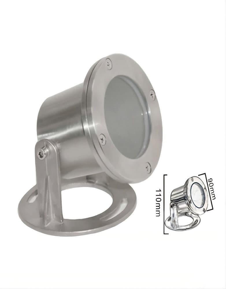 Faretto LED da esterno orientabile modello FL03 con staffa di supporto e dimensioni tecniche 90x110mm.