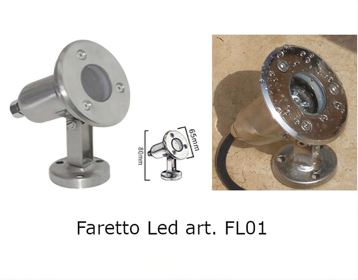 Faretto LED subacqueo modello FL01 in acciaio inox con staffa regolabile, ideale per l'illuminazione di fontane e piscine.