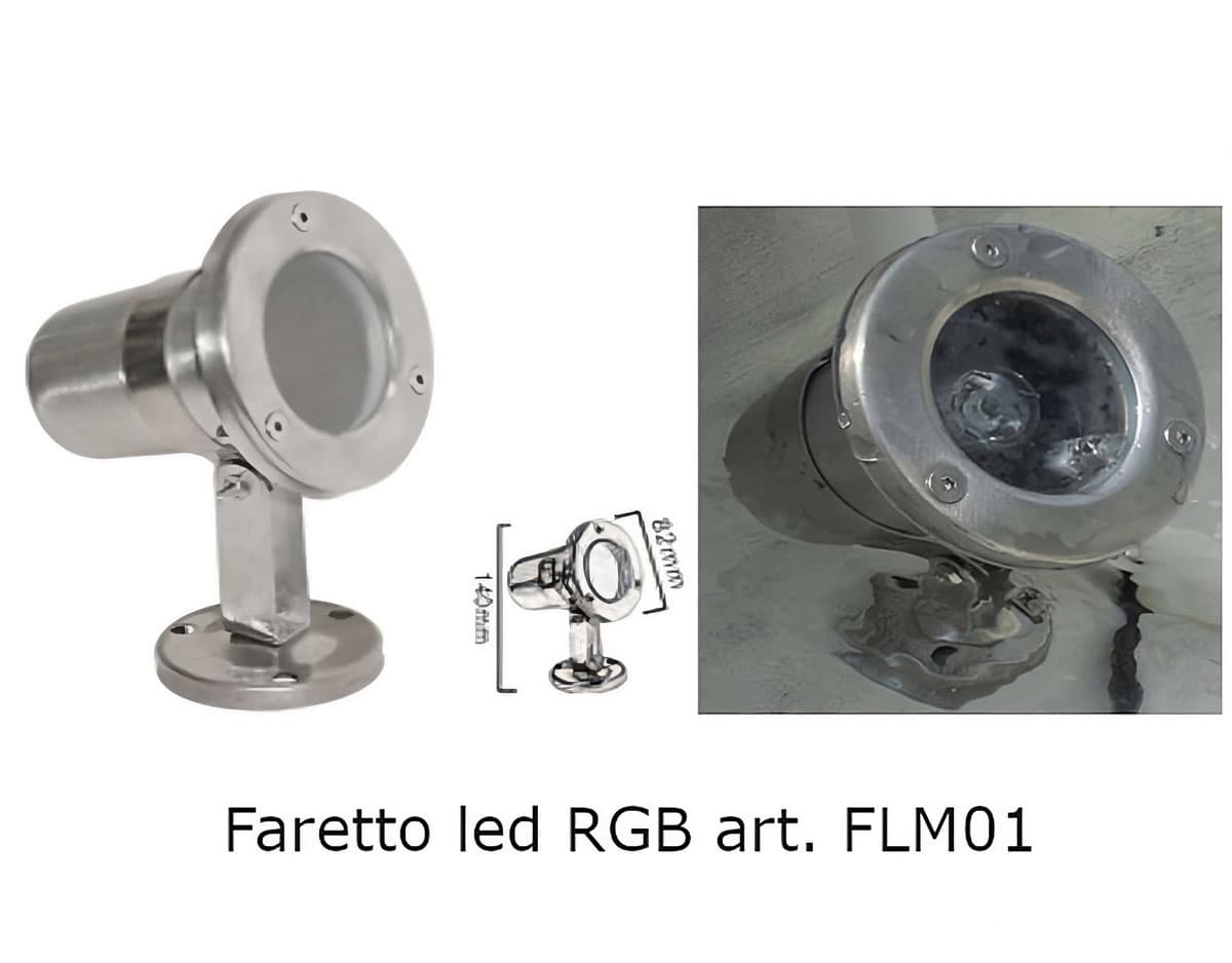 Faretto LED RGB modello FLM01 per giochi di luce colorati in acqua, struttura professionale in metallo con dimensioni tecniche 140x82mm.