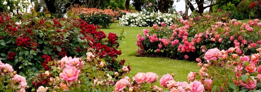 Spazio verde in giardino con fioriture di rose pronto per l'installazione di un barbecue fisso o mobile.
