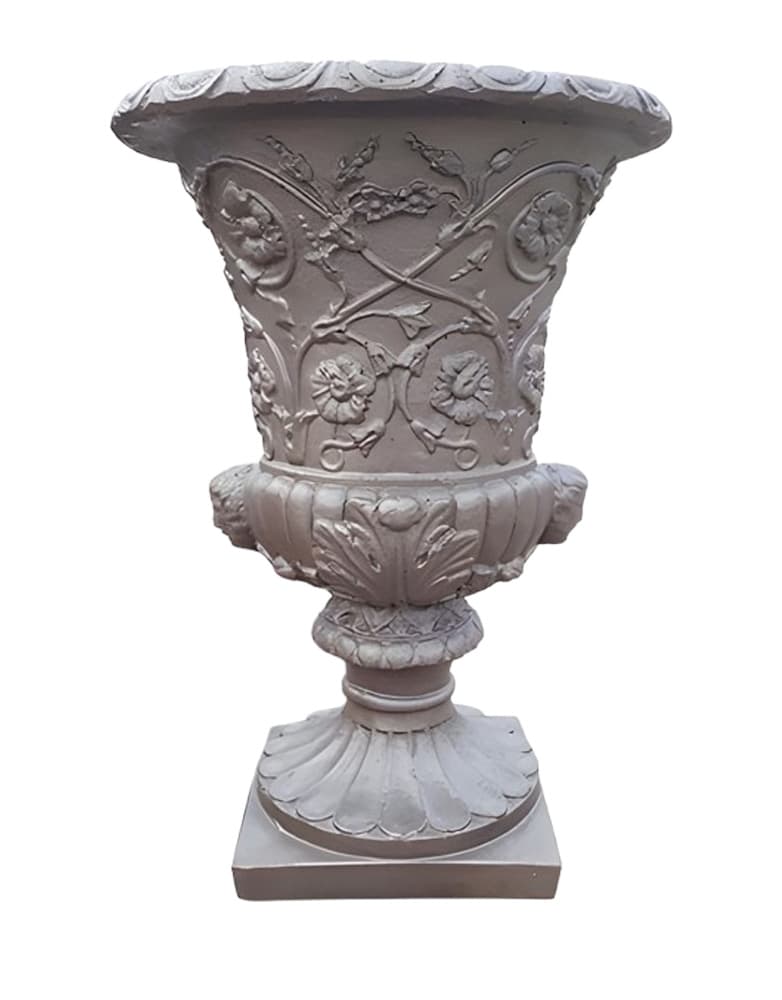 Vaso da giardino in cemento con raffinata finitura metallica effetto bronzo antico.