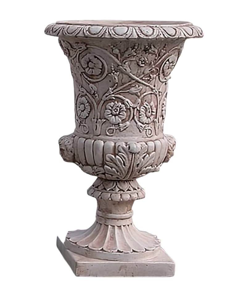 Vaso in cemento con finitura effetto terracotta antica, ideale per arredo giardino.